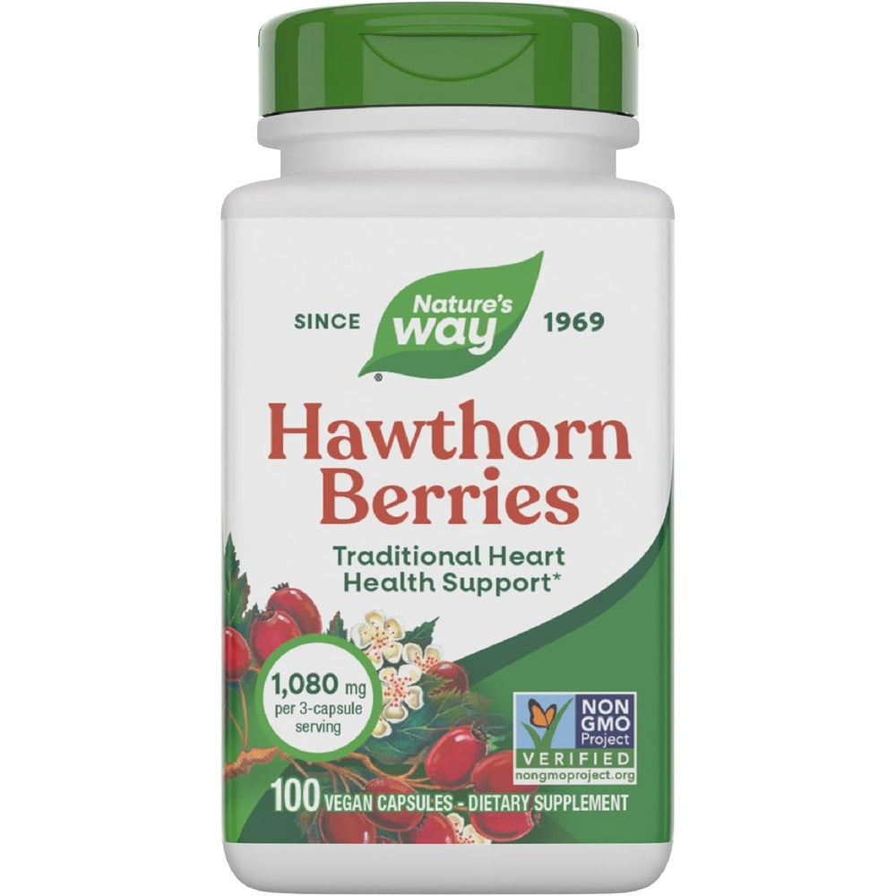 Nature's Way Hawthorn Berries 100 capsules front view showing the product label.