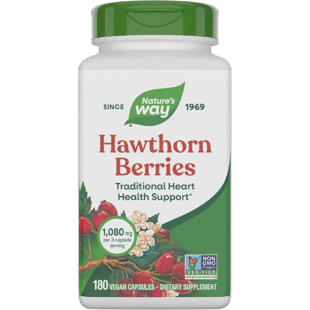 Nature's Way Hawthorn Berries 180 vegan capsules front bottle view for heart health support