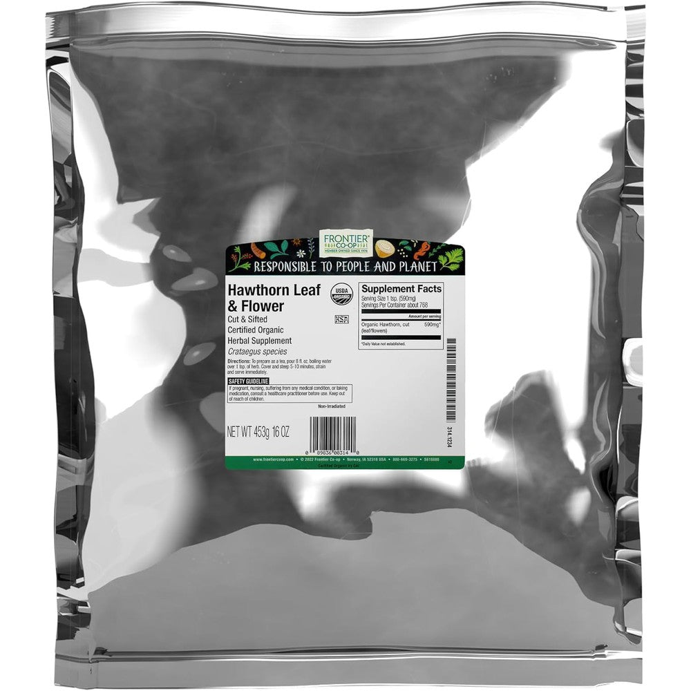 Frontier Co-op Organic Cut and Sifted Hawthorn Herb bulk bag front view for organic herbal tea brewing.
