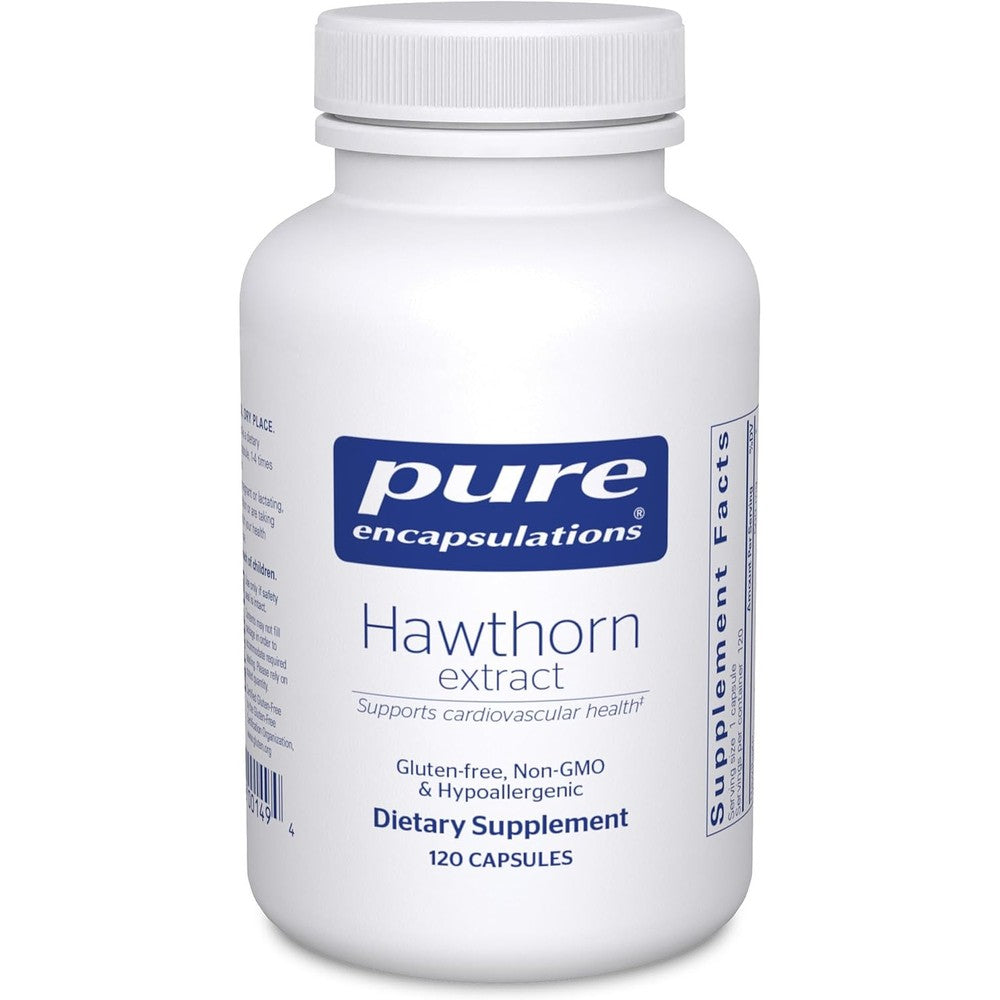 Pure Encapsulations Hawthorn Extract 120 Capsules front bottle view for cardiovascular support.