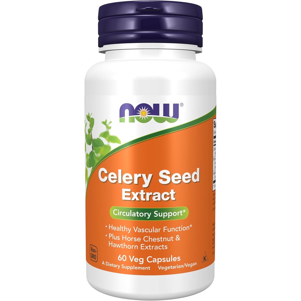 NOW Foods Celery Seed Extract 60 vegetable capsules front view for circulatory support.