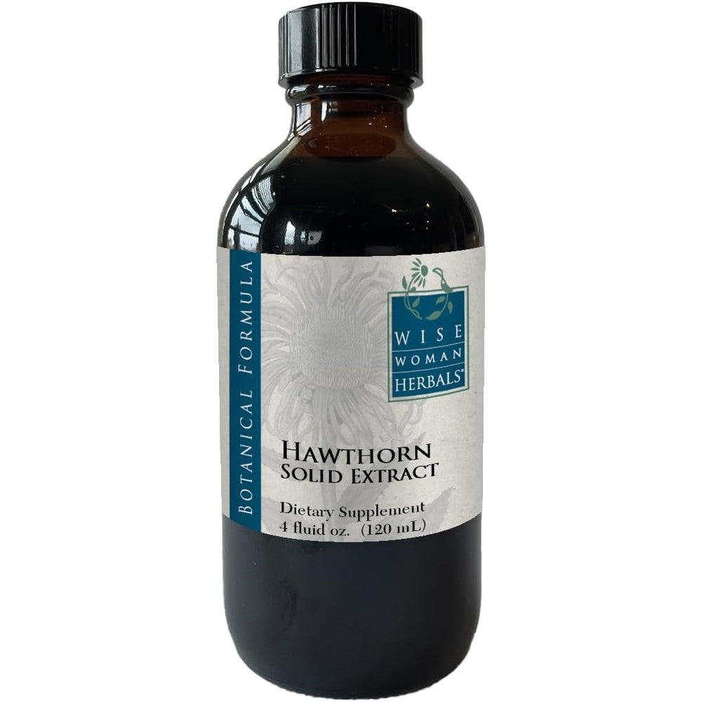 Wise Woman Herbals Hawthorn Berry Solid Extract syrup front view of 120 mL dark amber glass bottle