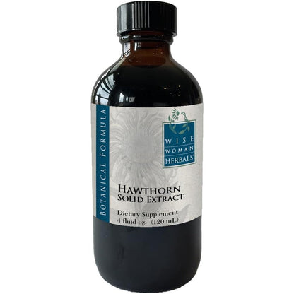 Wise Woman Herbals Hawthorn Berry Solid Extract syrup front view of 120 mL dark amber glass bottle