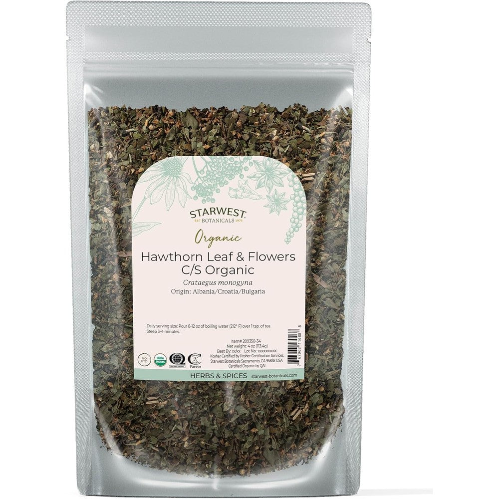 Starwest Botanicals Organic Hawthorn Leaves and Flowers front pouch view for cardiovascular health tea