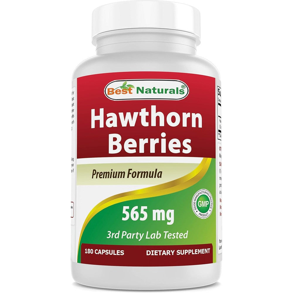 Best Naturals Hawthorn Berry 565mg 180 Capsules front view bottle showing heart health claims.
