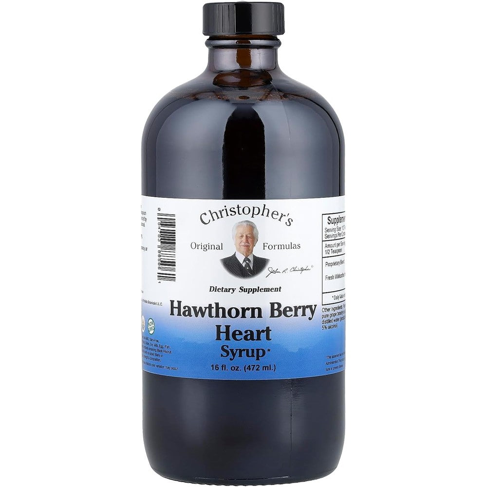 Christopher's Original Formulas Hawthorn Berry Heart Syrup 16 Fluid Ounces front bottle view for cardiovascular support