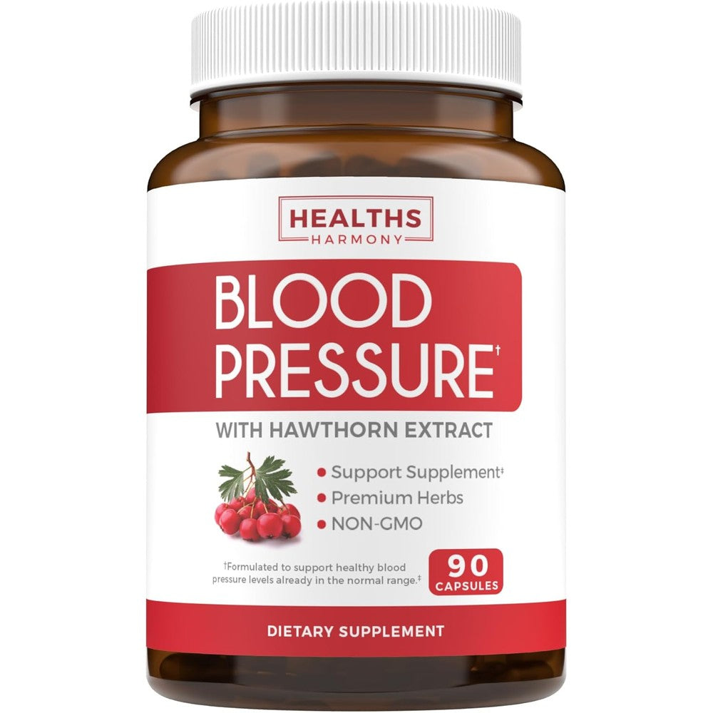 Healths Harmony Blood Pressure Support 90 capsules bottle front view showing product labels and ingredients