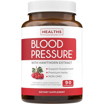 Healths Harmony Blood Pressure Support 90 capsules bottle front view showing product labels and ingredients