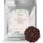 Starwest Botanicals Organic Whole Hawthorn Berries front view packaging showing authentic bulk herb bag.