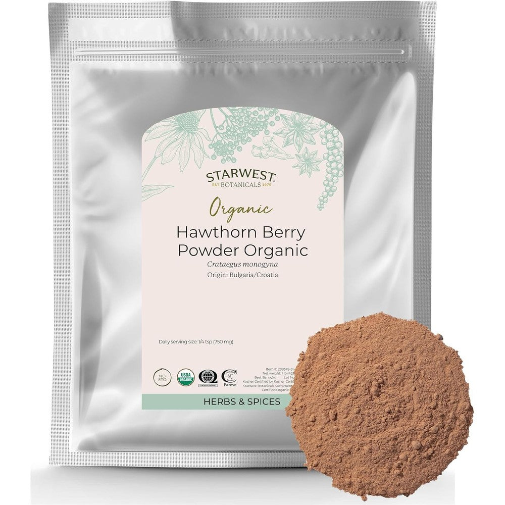 Starwest Botanicals Organic Hawthorn Berry Powder front view 453 grams packaging