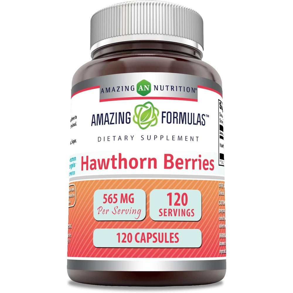 Amazing Nutrition Hawthorn Berries 565mg front view bottle for cardiovascular health
