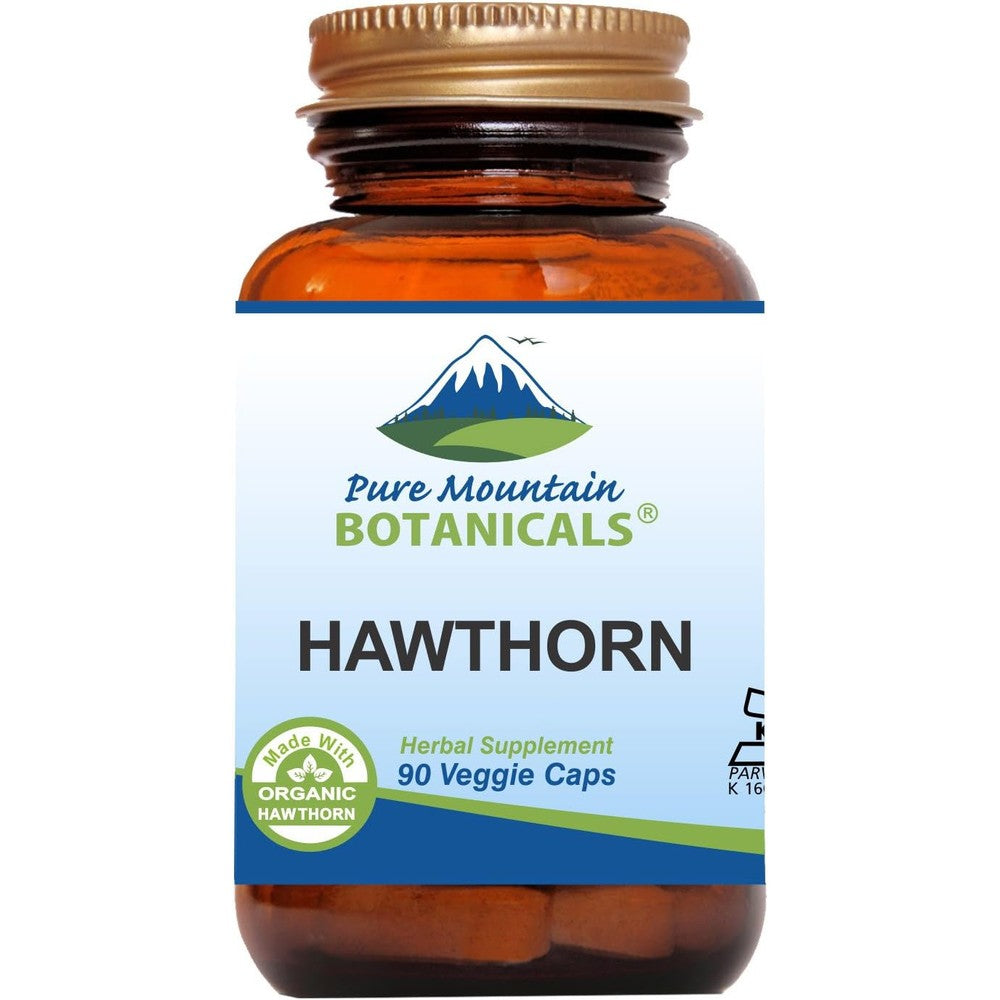 Pure Mountain Botanicals Organic Hawthorn Berry Supplement 90 capsules front view showing original USA packaging