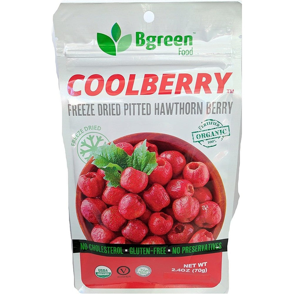 Coolberry Organic Freeze Dried Hawthorn Berry Superfood Tea front packaging view for heart support infusion.