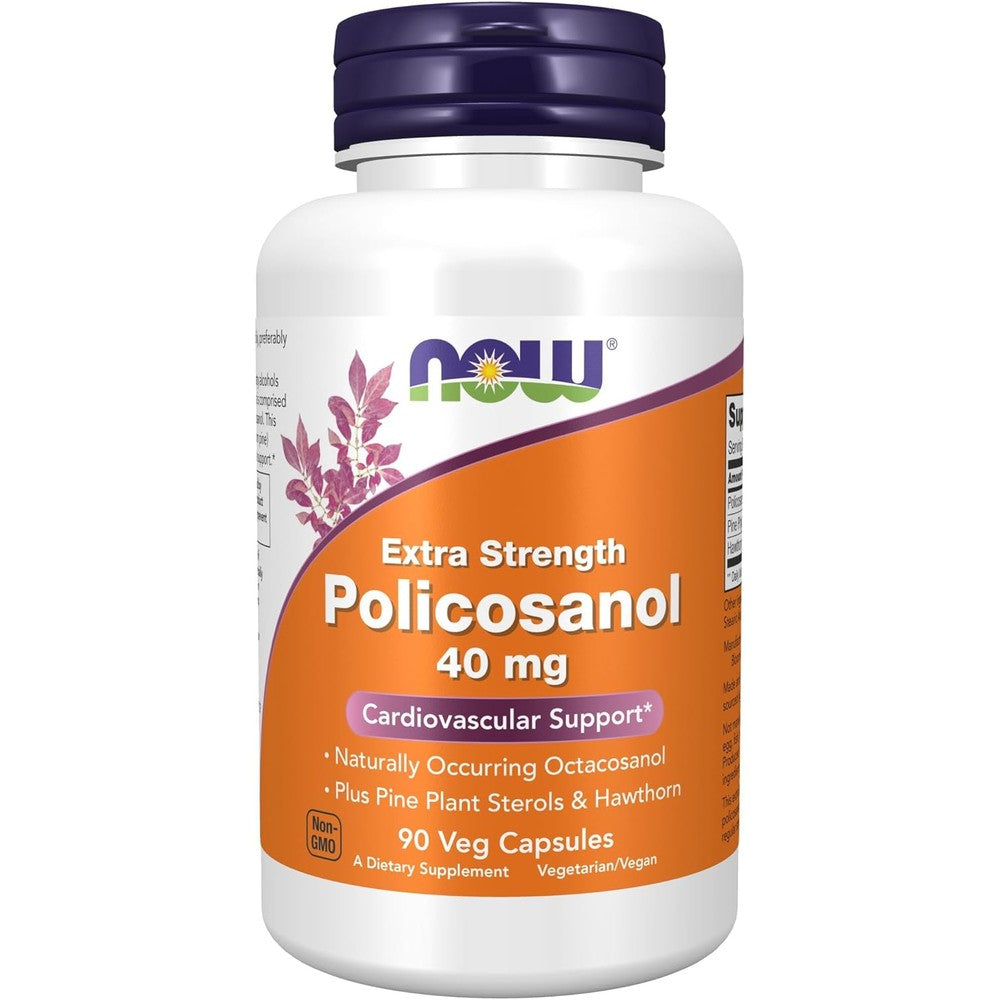 NOW Foods Extra Strength Policosanol 40mg front view of 90 vegetarian capsules bottle for heart health
