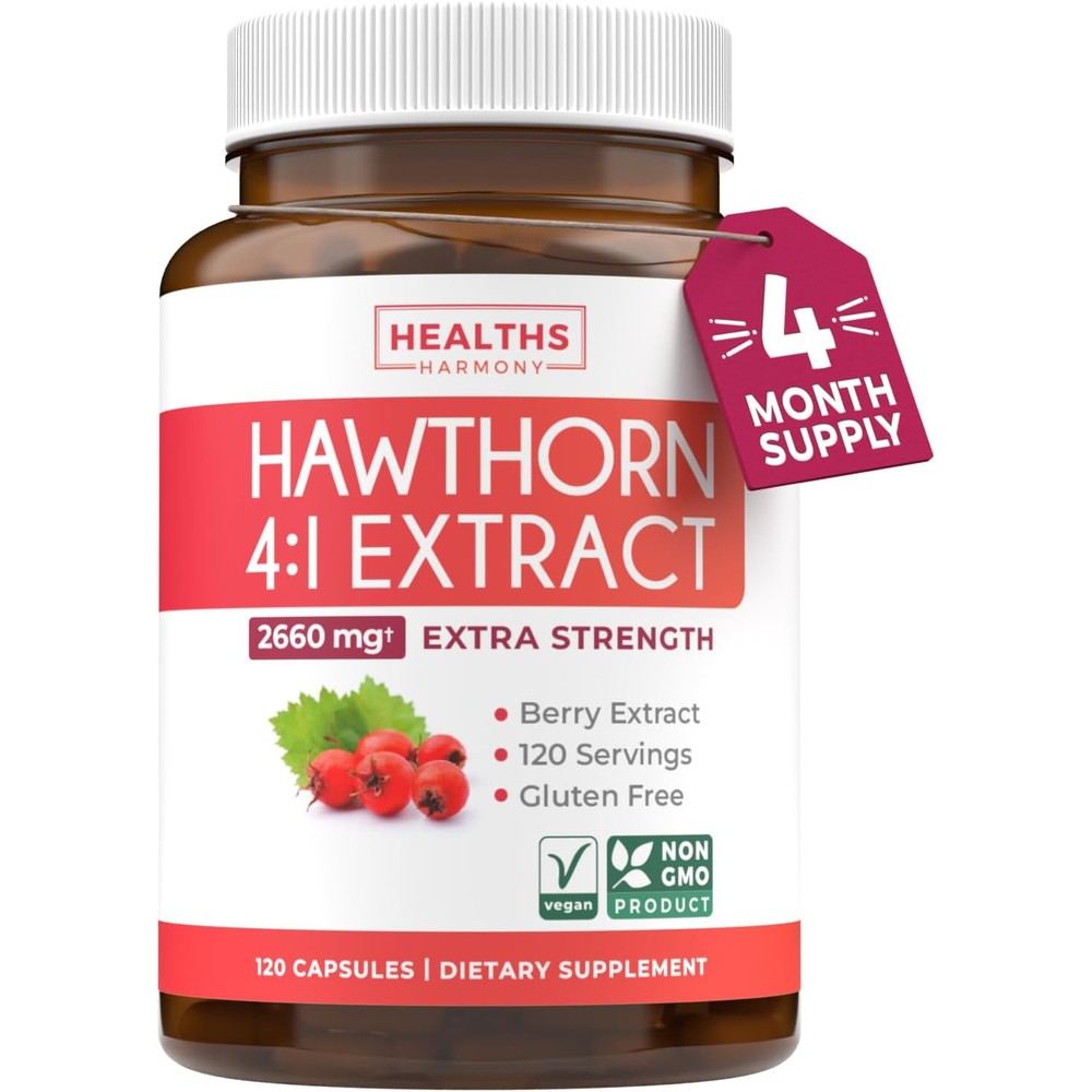 Healths Harmony Super Potent Hawthorn Berry Extract 120 capsules front view bottle showing premium heart health supplement packaging.