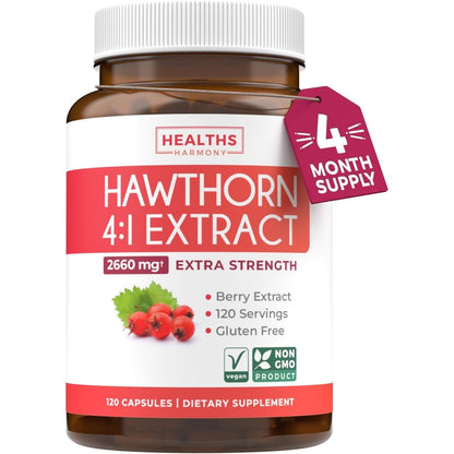 Healths Harmony Super Potent Hawthorn Berry Extract 120 capsules front view bottle showing premium heart health supplement packaging.