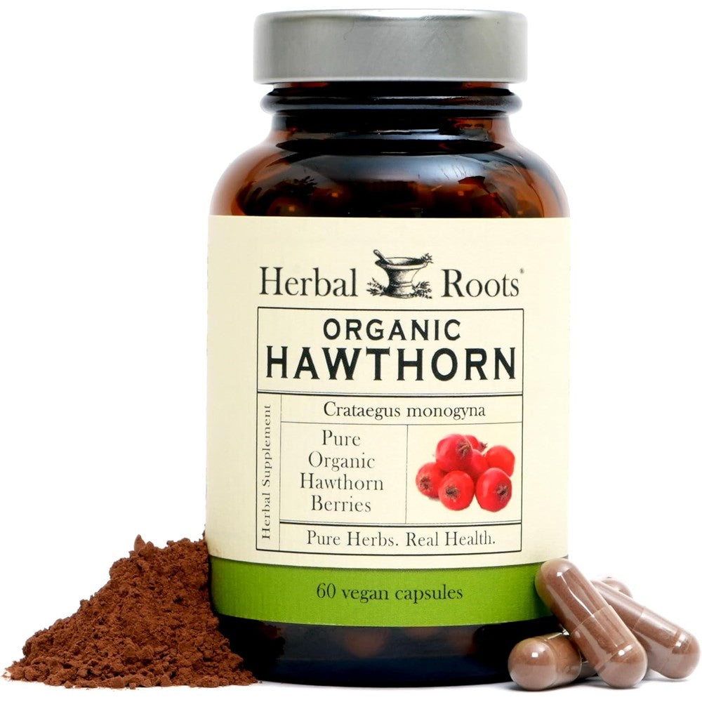 Herbal Roots Organic Hawthorn Berry Capsules 60 count front bottle view showing 1200 milligrams label