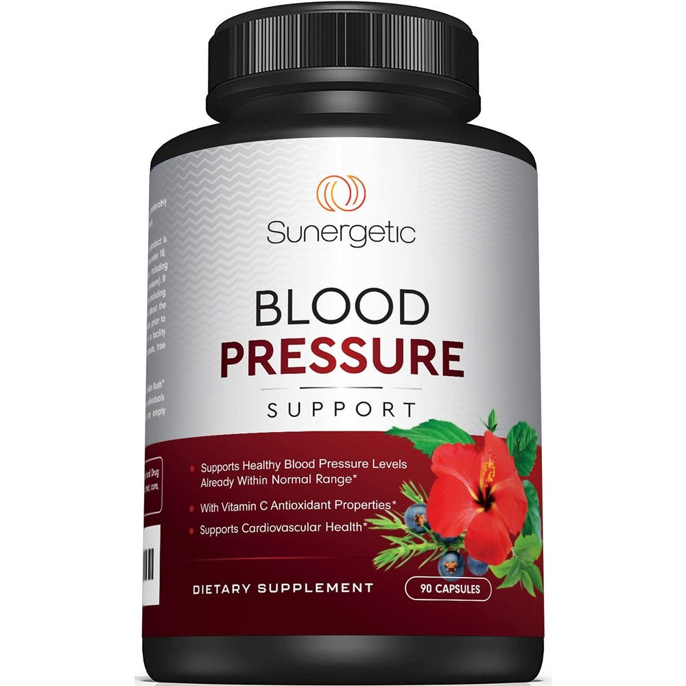 Sunergetic premium blood pressure support front view bottle showcasing heart health benefits