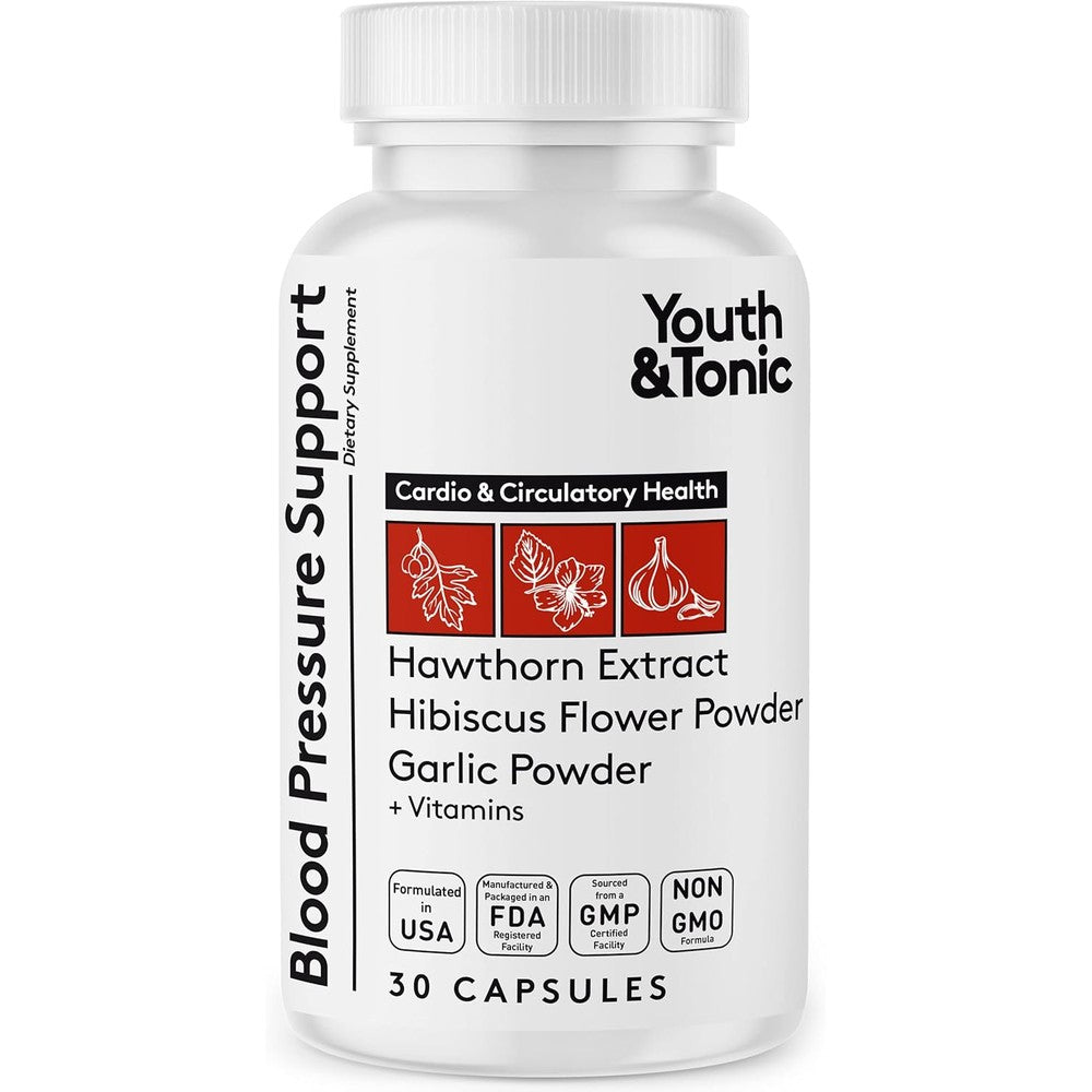 Youth and Tonic Natural Blood Pressure Support 30 capsules front view bottle showing premium cardiovascular wellness packaging