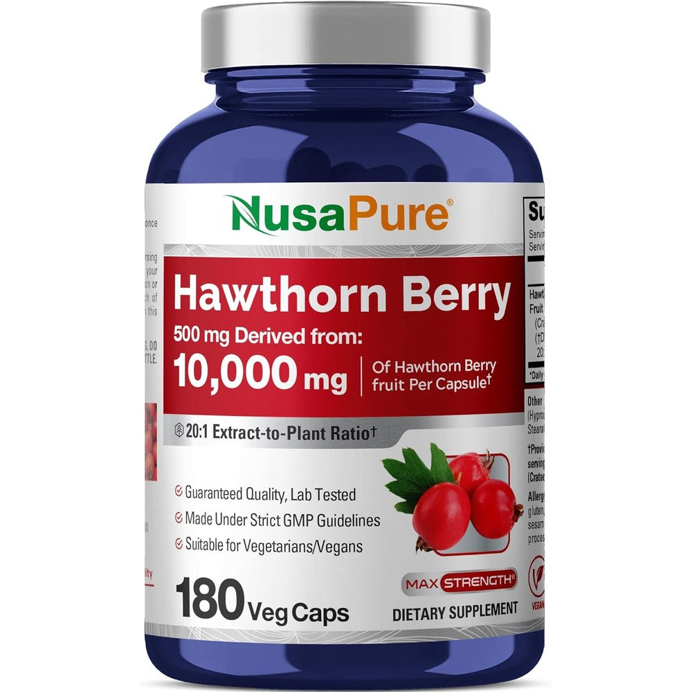 NusaPure Hawthorn Berry Extract 10000mg 180 capsules front bottle view