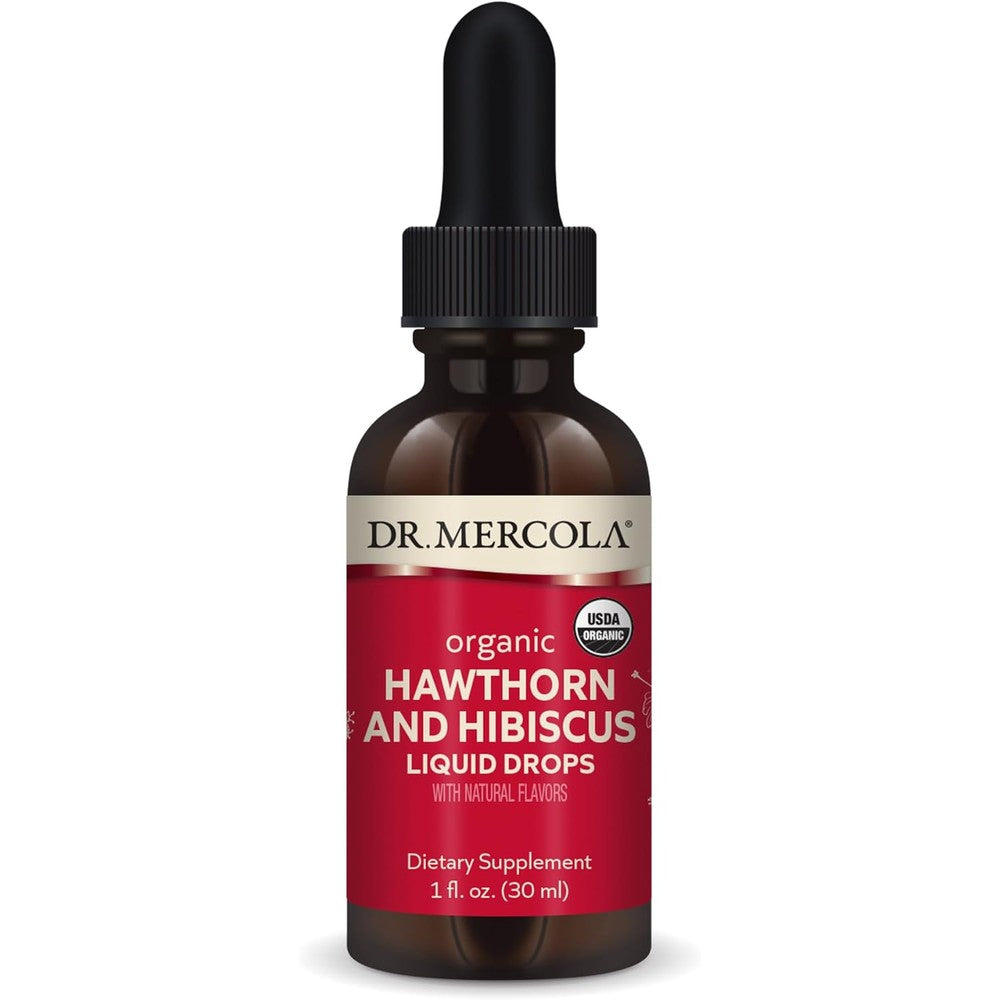 Dr. Mercola Organic Hawthorn Berry and Hibiscus Extract Liquid Drops front view bottle for cardiovascular health