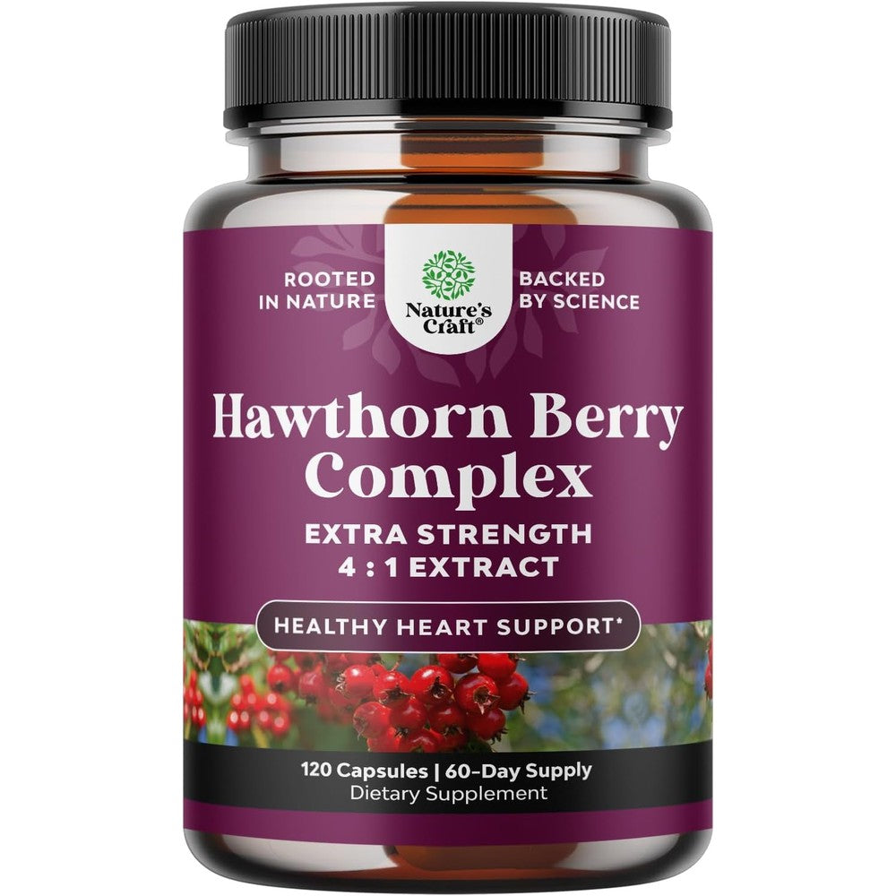 Natures Craft Pure Hawthorn Berry Extract front view bottle of heart health capsules