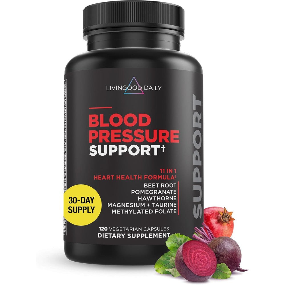 Livingood Daily Blood Pressure Support front view bottle of heart health supplement capsules