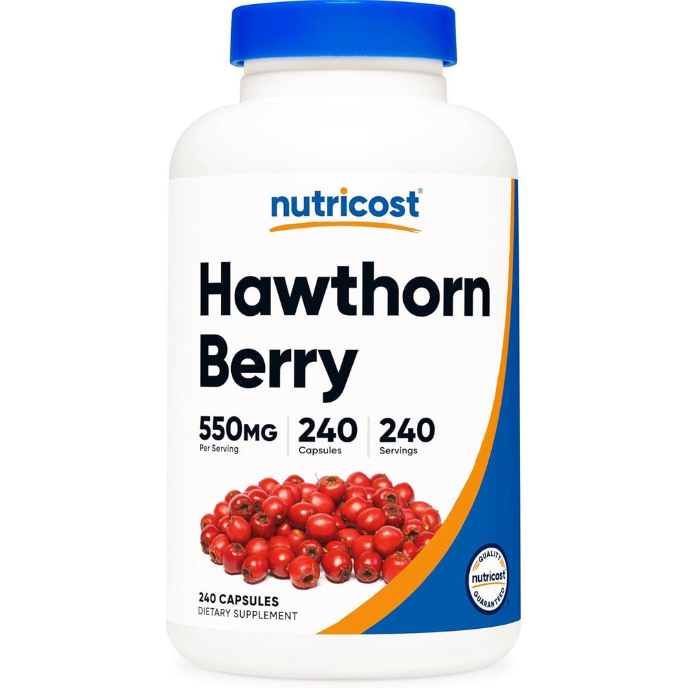 Nutricost Hawthorn Berry 550mg 240 vegetarian capsules front bottle view for cardiovascular health