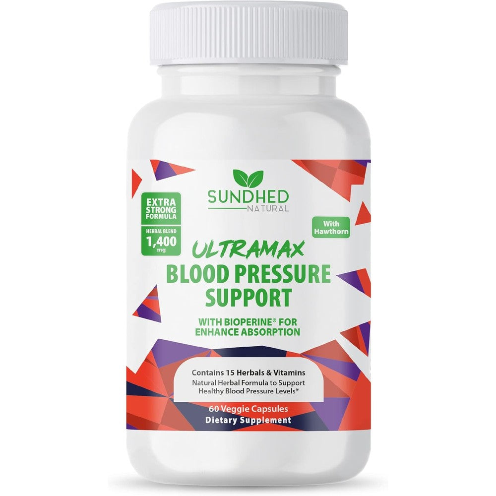 Sundhed Natural UltraMax Blood Pressure Support front view bottle on authentic imported wellness store website.
