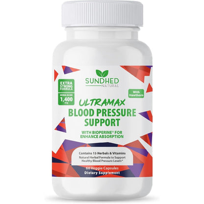 Sundhed Natural UltraMax Blood Pressure Support front view bottle on authentic imported wellness store website.