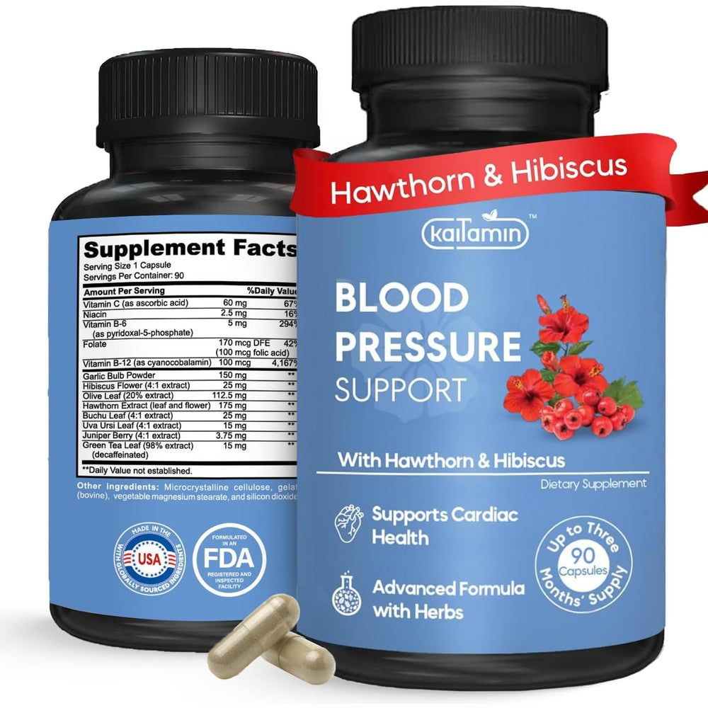 Kaitamin Blood Pressure And Circulation Health Supplement front bottle view showing premium 90 capsules packaging.