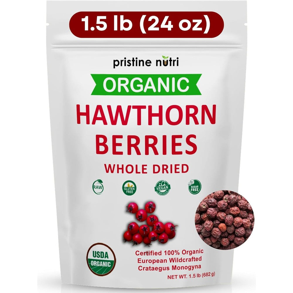 Pristine Nutri Organic Dried Hawthorn Berries 24 Ounce front view package for heart health tea