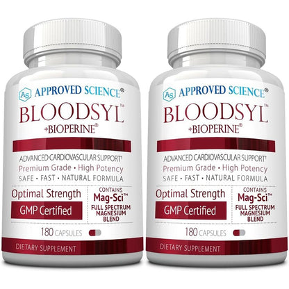 Approved Science Bloodsyl front view container bottle showcasing heart health supplement packaging.