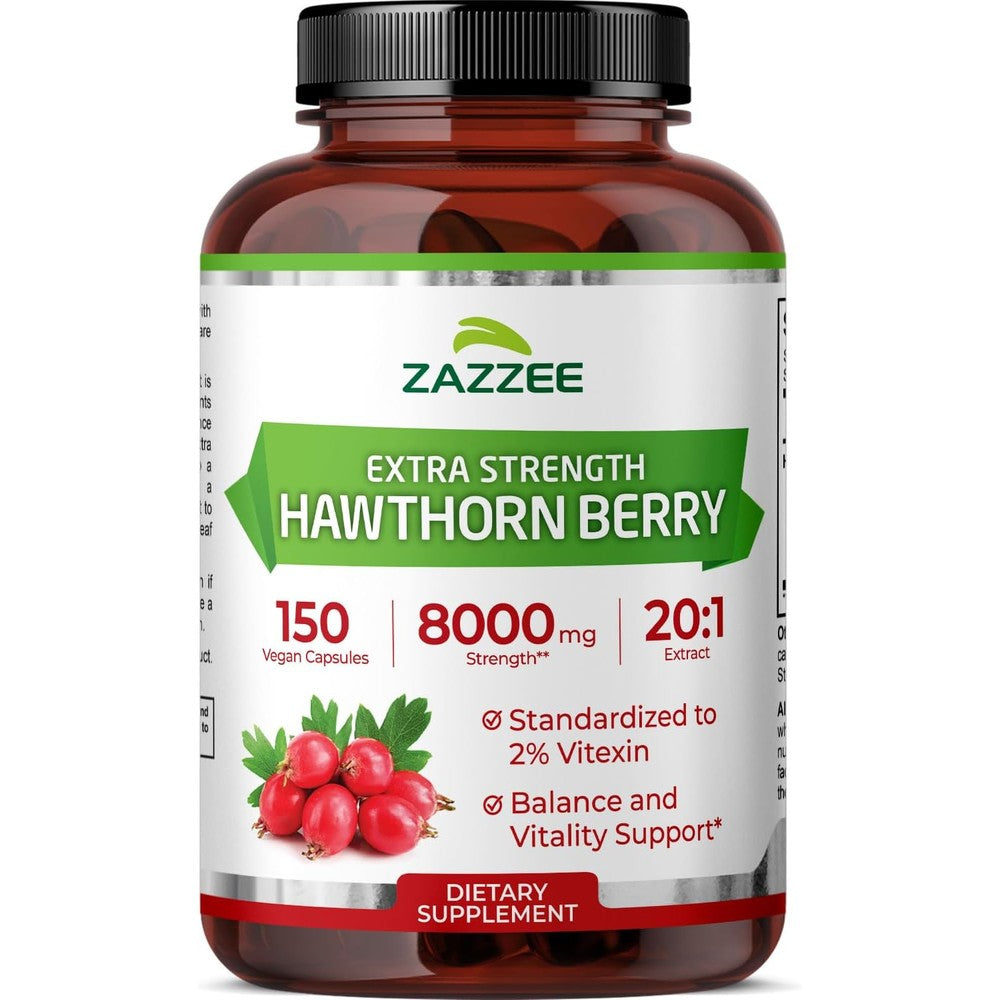 Zazzee Naturals Extra Strength Hawthorn Berry 150 capsules bottle front view showing 8000 mg strength formulation.