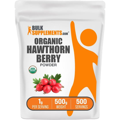 BulkSupplements Organic Hawthorn Berry Powder 500 grams front view packaging for heart health