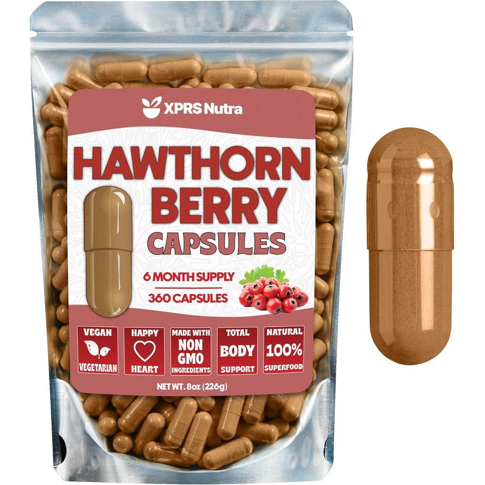 XPRS Nutra Pure Hawthorn Berry Extract 360 Capsules front view showing product packaging for cardiovascular health.