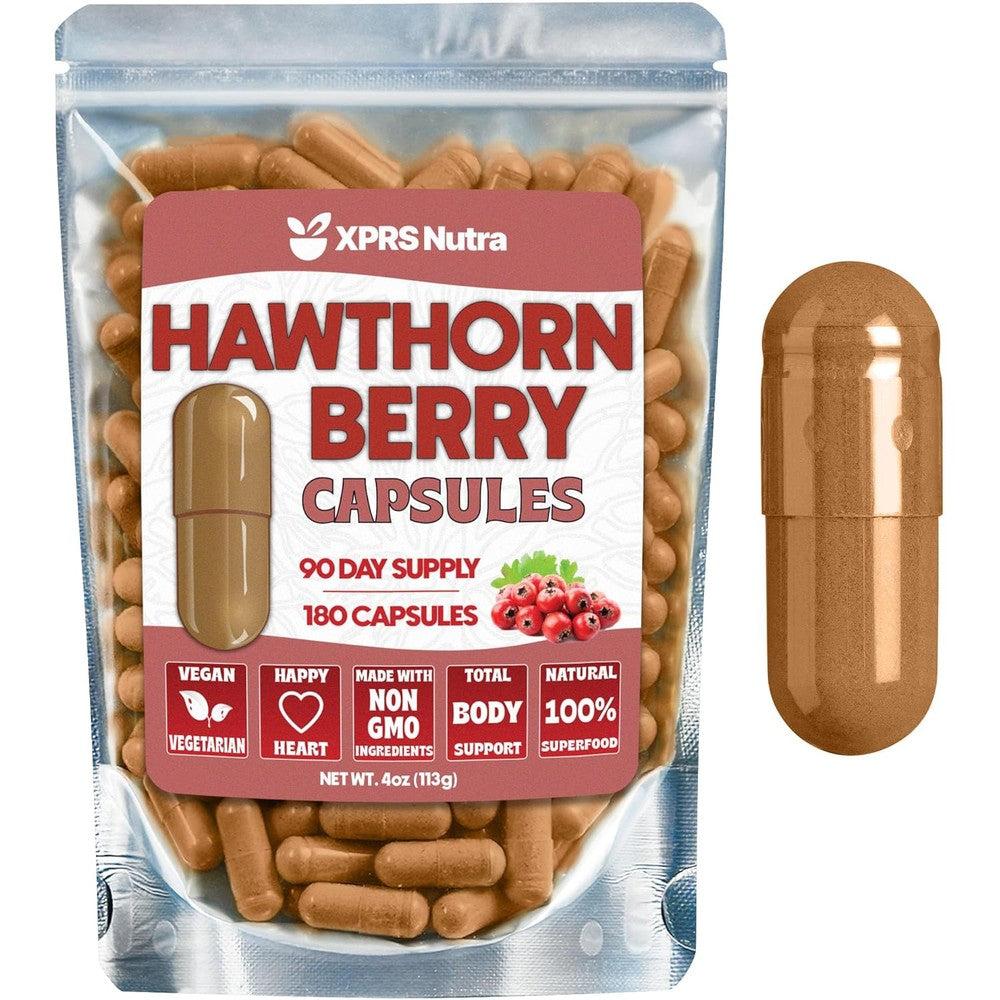 XPRS Nutra Pure Hawthorn Berry Extract 180 Capsules front view showcasing premium heart health supplement packaging.