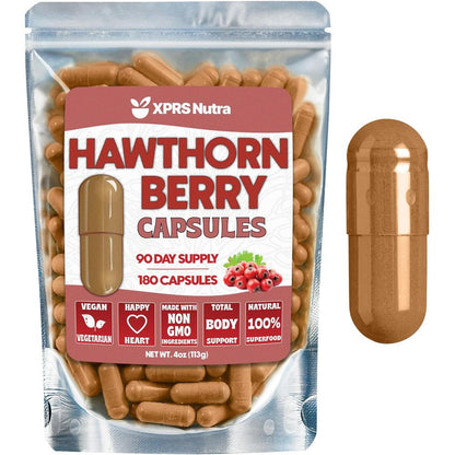 XPRS Nutra Pure Hawthorn Berry Extract 180 Capsules front view showcasing premium heart health supplement packaging.