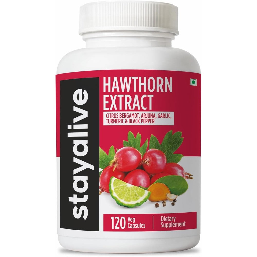 Stay Alive Extra Strength Hawthorn Berry Capsules front view of the premium heart supplement bottle.