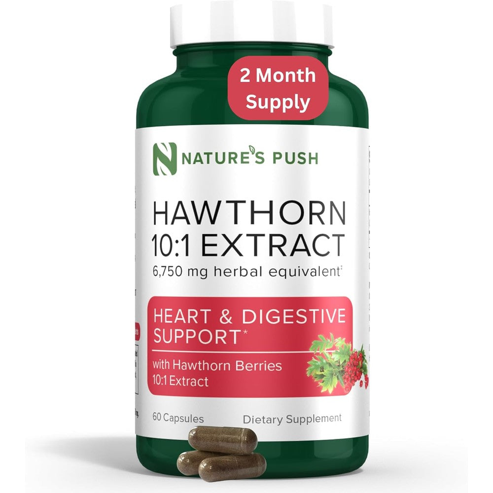 Nature's Push Hawthorn Berry Extract 60 capsules front view bottle showing heart health benefits