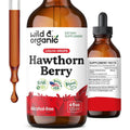 Wild & Organic Hawthorn Berry Sugar Free Liquid Tincture Extract Drops 120 mL front view bottle showcasing organic supplement branding.
