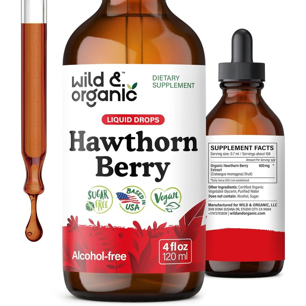 Wild & Organic Hawthorn Berry Sugar Free Liquid Tincture Extract Drops 120 mL front view bottle showcasing organic supplement branding.