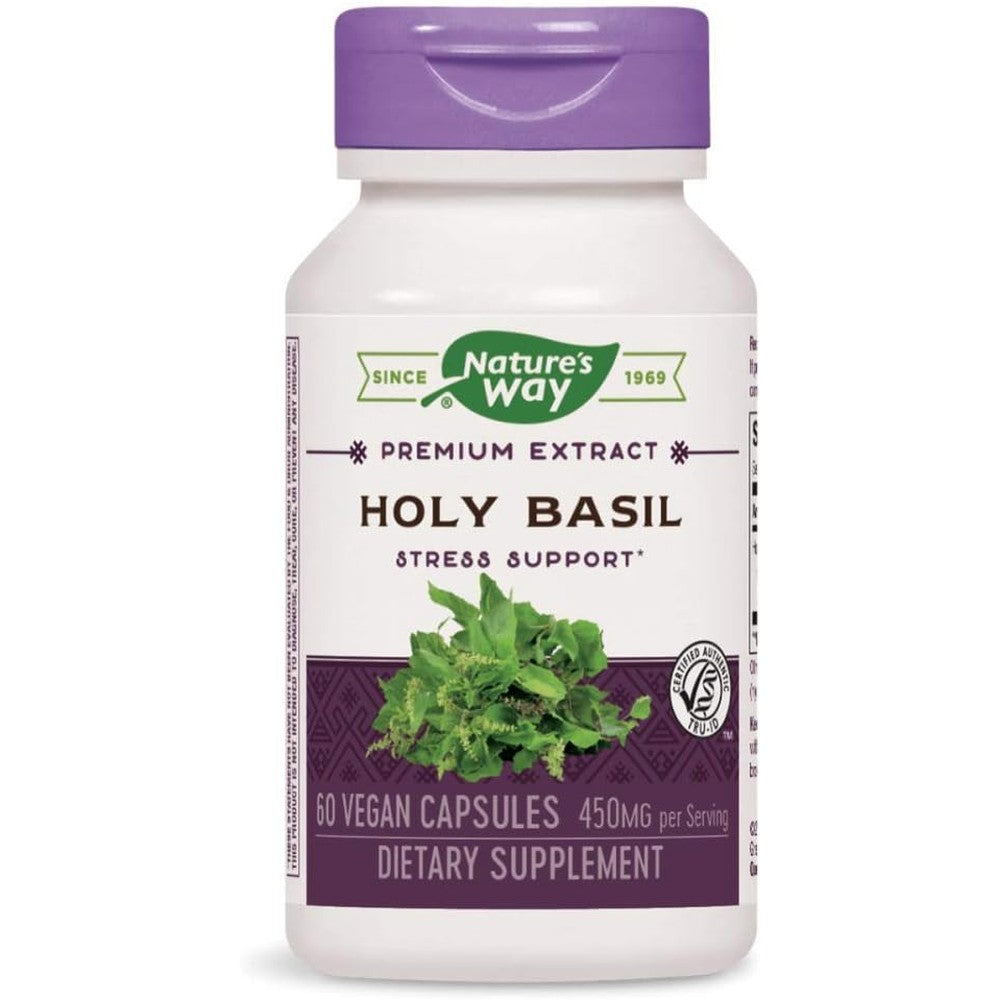 Natures Way Holy Basil 450mg 60 Vegicaps front view stress support supplement