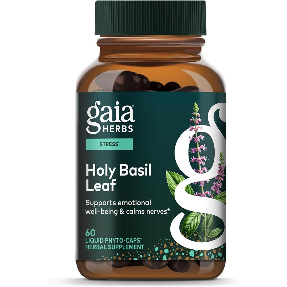 Gaia Herbs Holy Basil Leaf 60 Liquid Phyto Capsules front bottle view