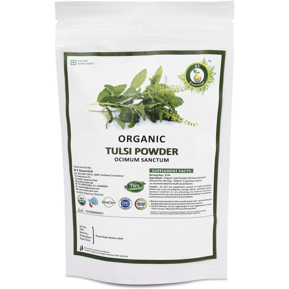 R V Essential Organic Tulsi Powder 100g front view in pouch