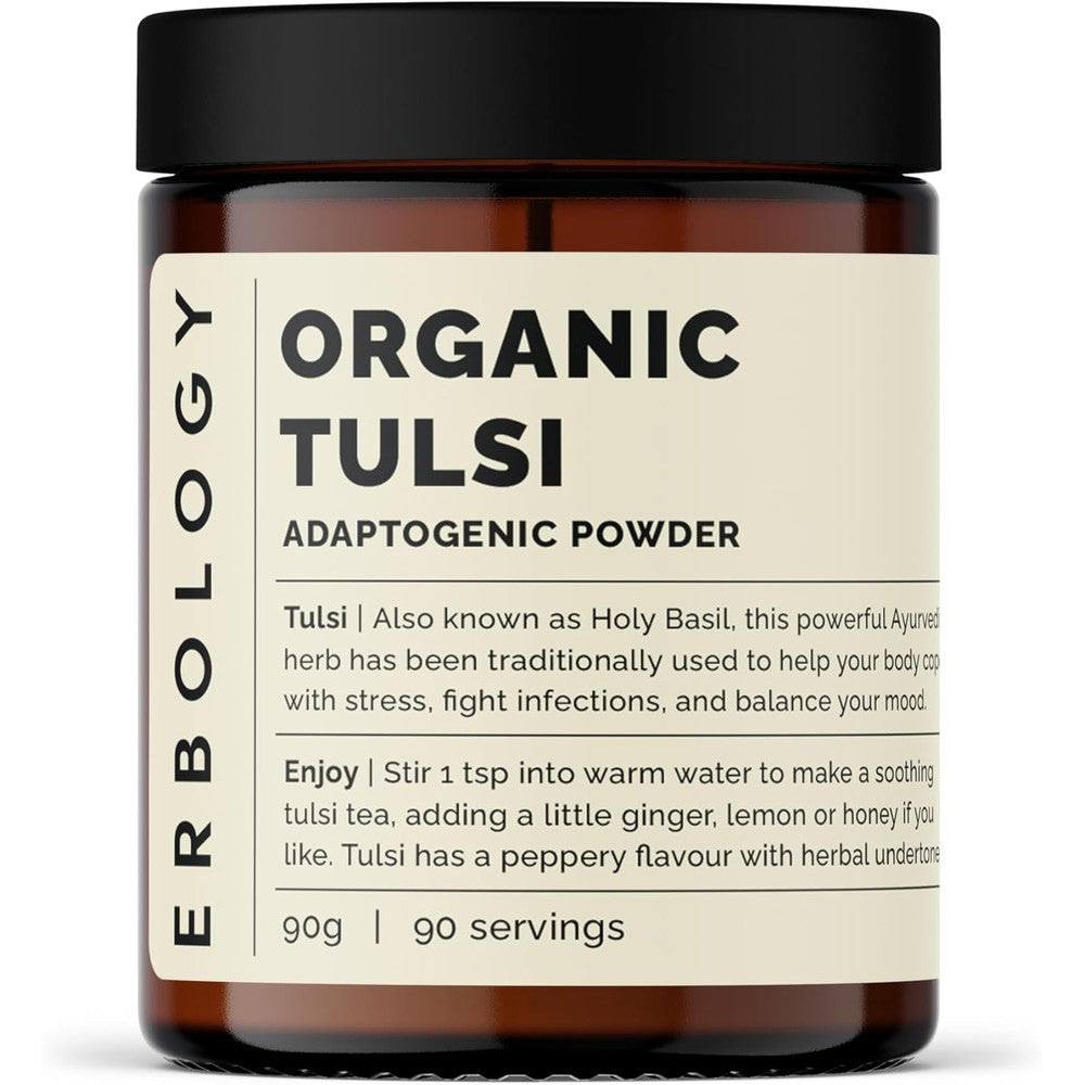 Erbology 100 Percent Organic Tulsi Powder front view jar