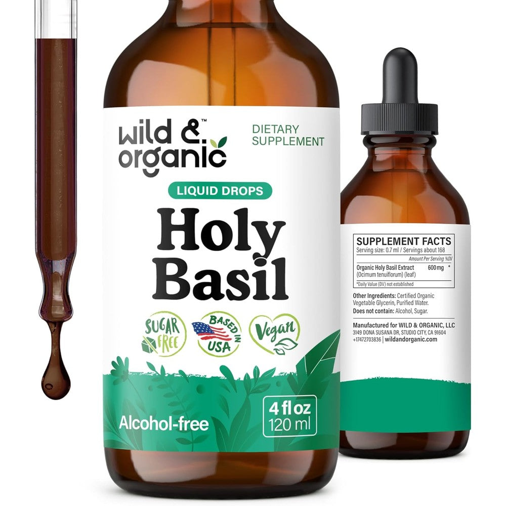 Wild and Organic Holy Basil Tincture 4 fluid ounce bottle front view