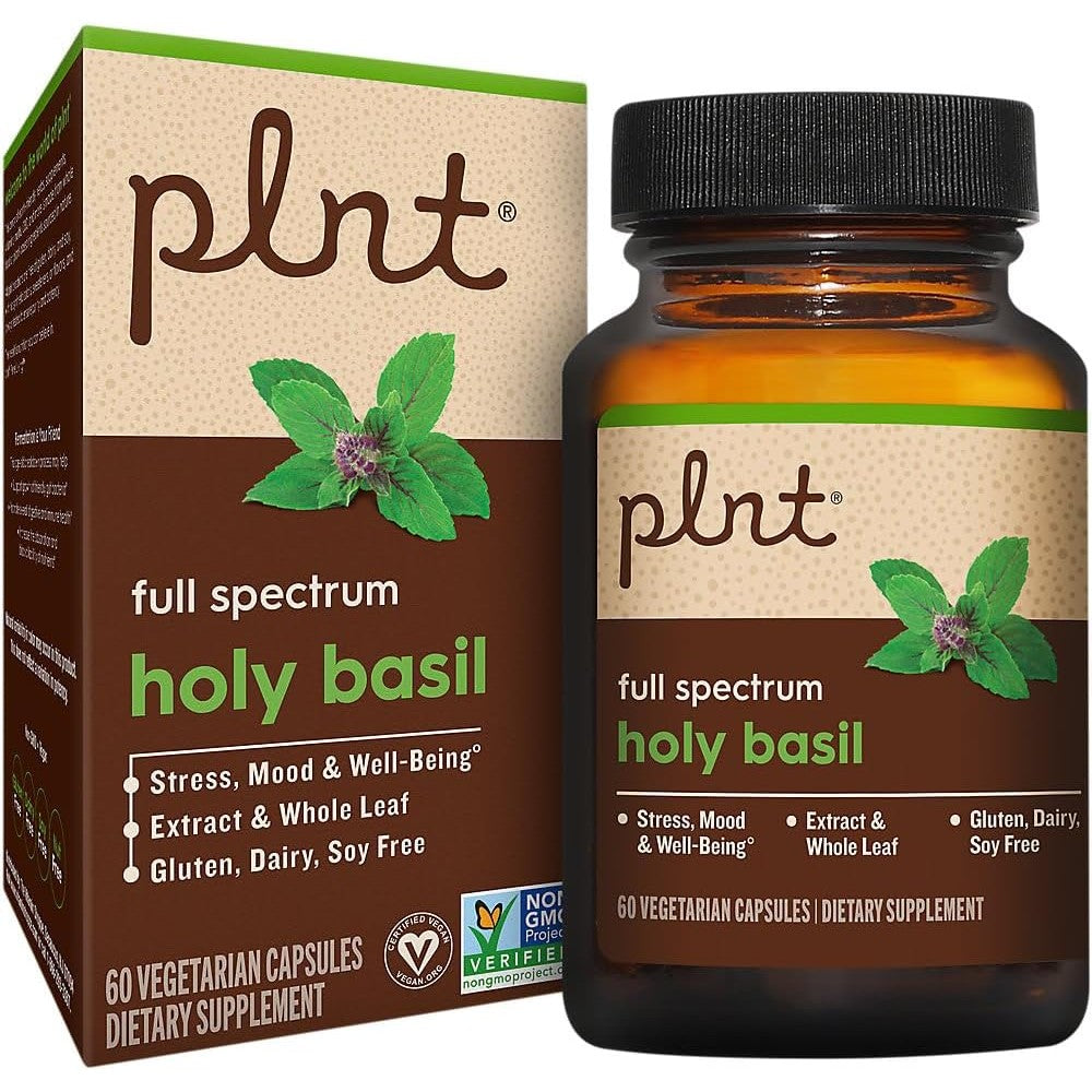 Plnt Holy Basil Full Spectrum supplement bottle front view for stress support