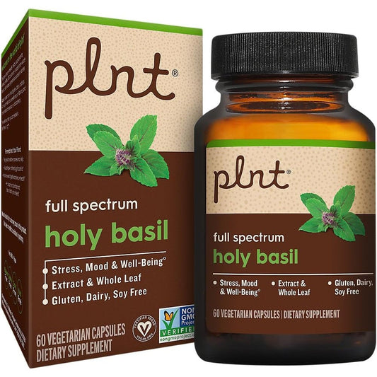 Plnt Holy Basil Full Spectrum supplement bottle front view for stress support