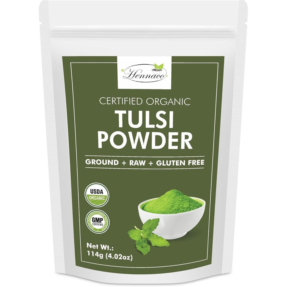 Organic tulsi powder in a resealable zip lock pouch for immunity and total body wellness